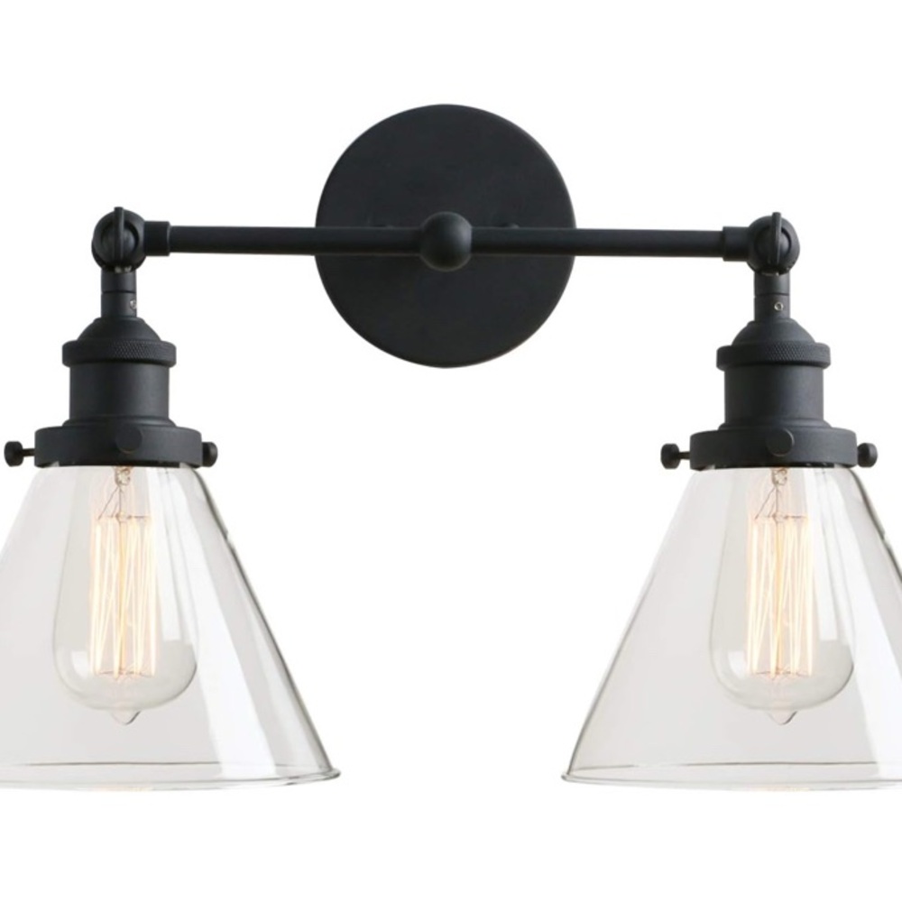 Vintage Industrial 2-Lights Wall Sconces with Dual Funnel Clear Glass (Black)